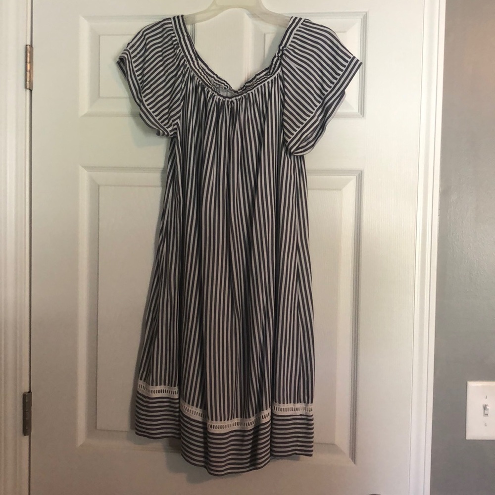 Navy White Stripe Off Shoulder Dress